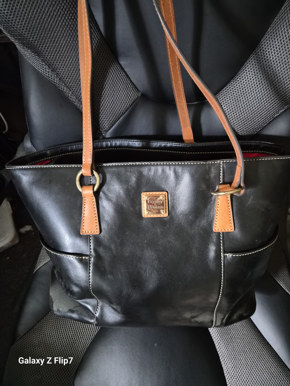 Dooney & Bourke Black Leather Tote with Tan Trim
